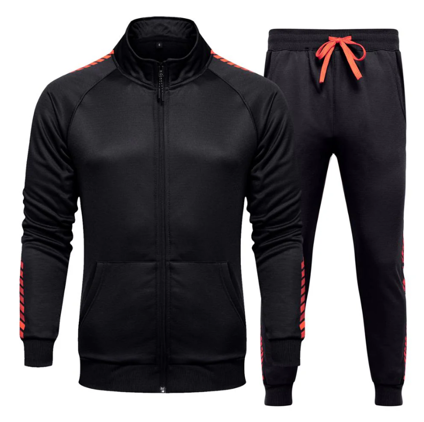Men’s Black Sports Tracksuit with Red Stripe Accents