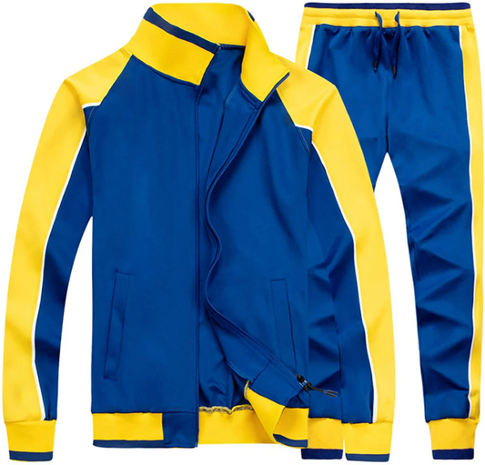 Men’s Winter Sports Tracksuit – Blue & Yellow Contrast Panel, Full Zip Jacket with Trouser