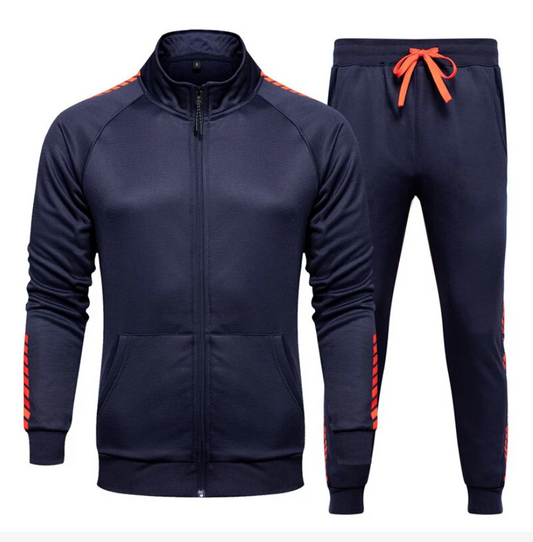 Men's Full-Zip Tracksuit Set – Navy Blue with Red Accents | Athletic Jogging Suit