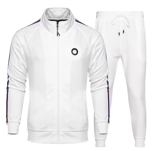 Men's White Full-Zip Tracksuit Set – Athletic Fit with Side Stripe Detail