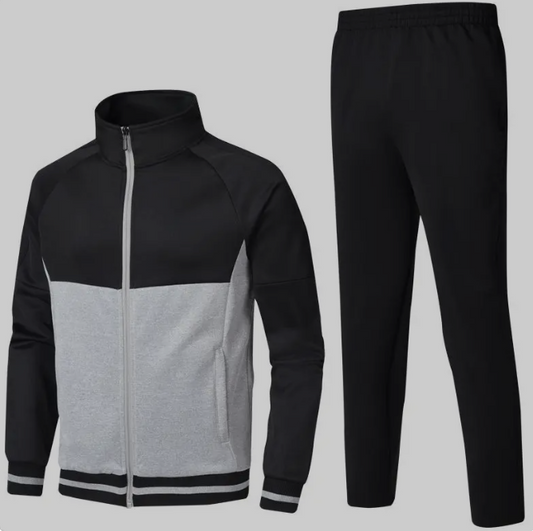 Men’s Two-Tone Full-Zip Tracksuit Set – Black & Grey