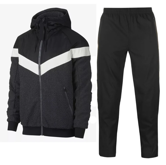 Men’s Winter Hooded Tracksuit – Black & Grey Sherpa Fleece Jacket with Trouser